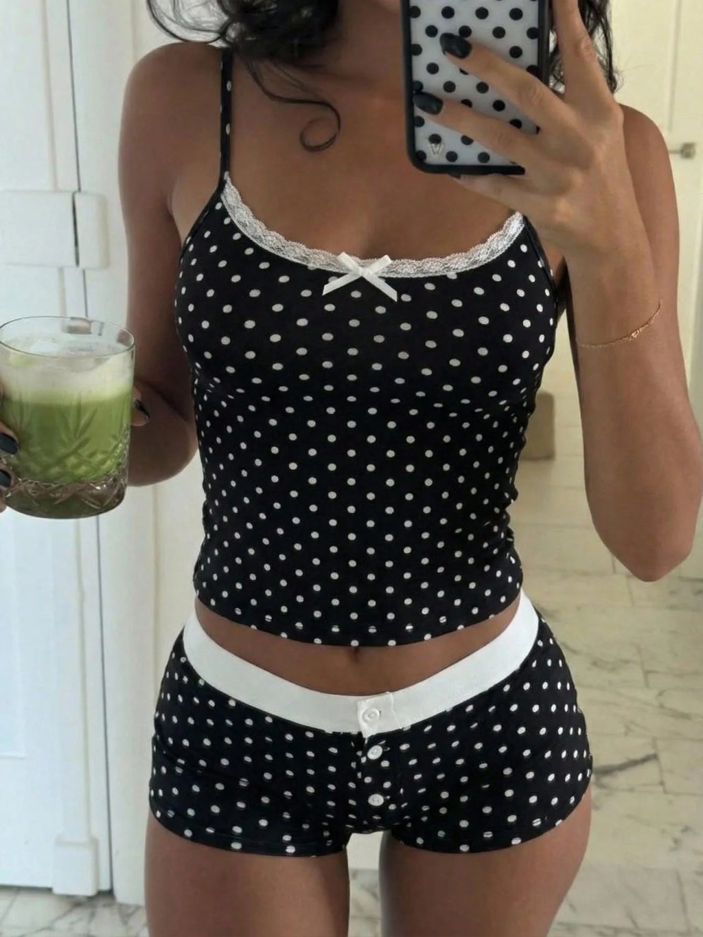 Fashion polka dot lace camisole home suit set, pure desire spicy girl style pajamas two-piece set, short