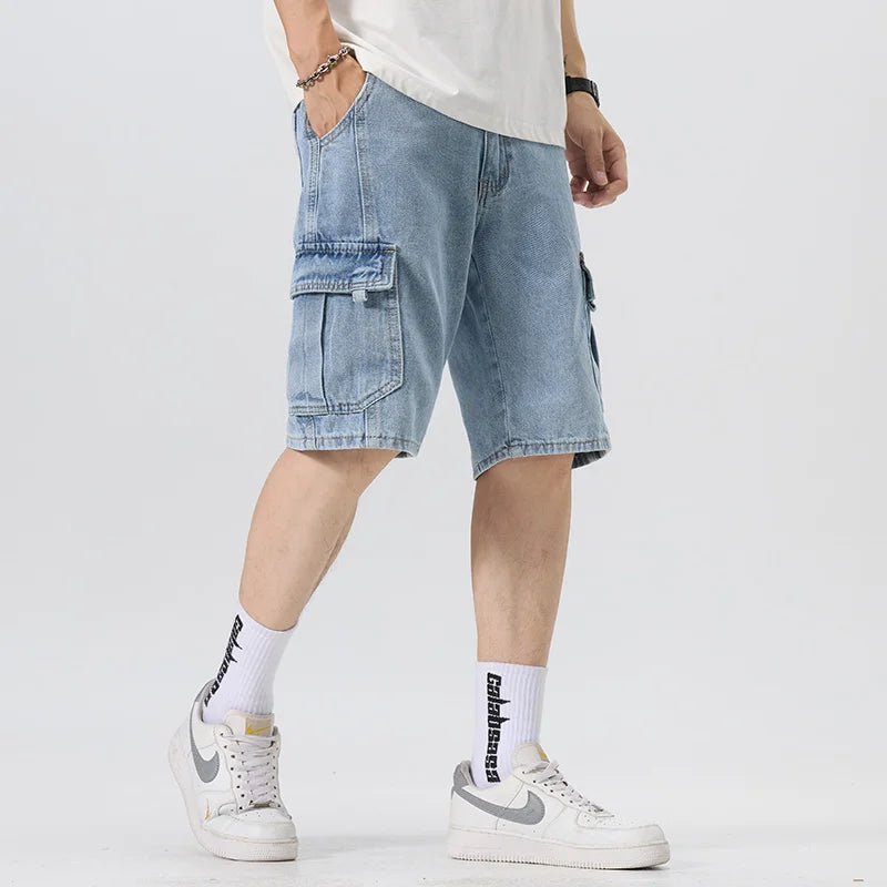 Men's Fashion Cargo Denim Shorts Summer Streetwear Multi-Pocket Casual Knee Length Stretch Five-Point Jeans Shorts Male Trendy