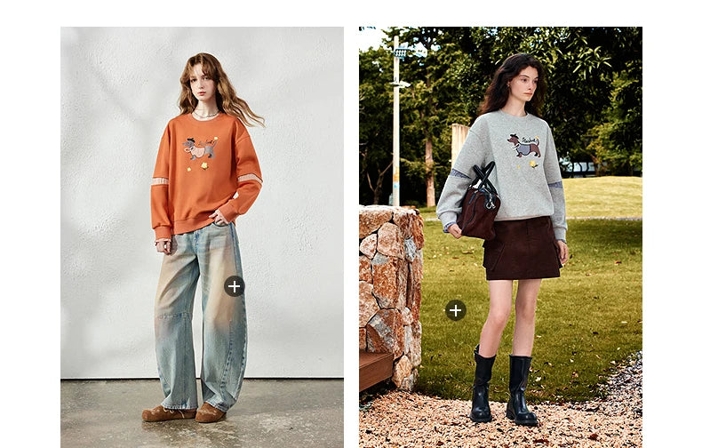 TOYOUTH Women's Sweatshirt 2026 Autumn New Loose Deconstructed Faux Two-Piece Plaid Dachshund Print Vintage Pullover Top
