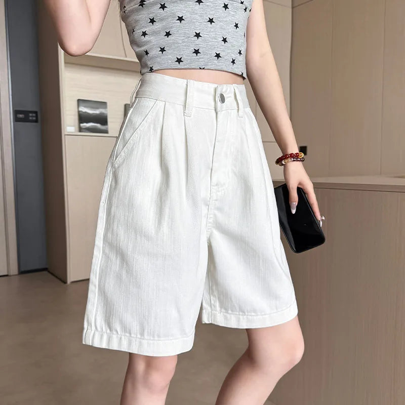 Y2K Retro Loose Casual Middle Short Jeans Summer New Women's Korean Denim Five Points Pants Ladies Fashion All Match Baggy Jeans
