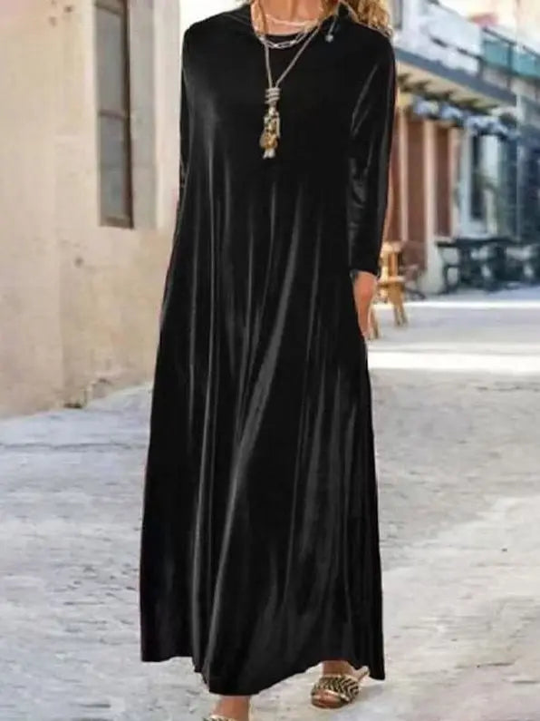 Elegant Velvet Long Sleeve Midi Dress for Women Spring Autumn New Style Casual High Waist A-Line Skirt Fashionable Dress