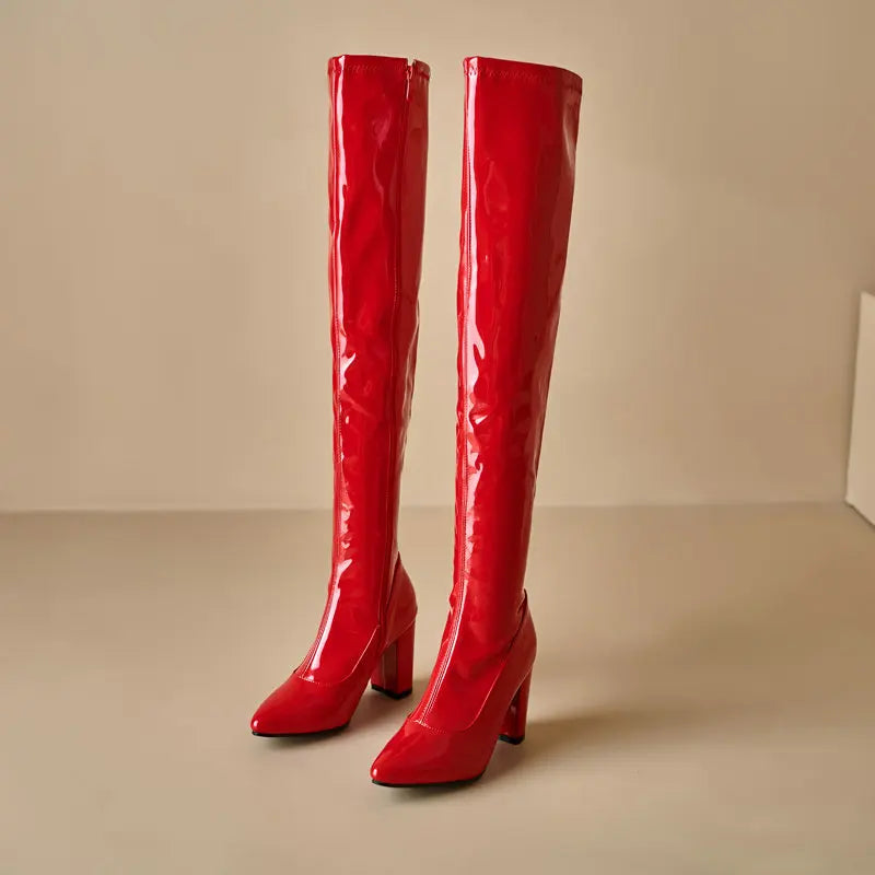 New Red Thigh High Women Boots Side Zip Pointed Toe Winter Shoes Elastic Patent Leather Over-the-Knee Boots Plus Size 44 45 46