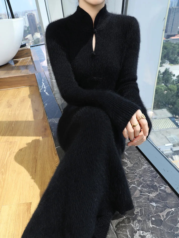 100% Mink Cashmere Knitted Dress Ladies Stand Collar Buckle Long Skirts Retro High Waist Over Knee Slim Dress New Thick Sweater
