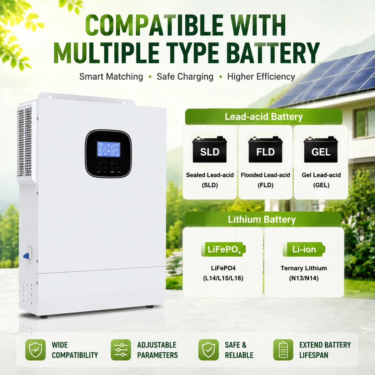 5KW Hybrid Solar Inverter 48VDC to 110VAC with 80A MPPT Controller 120-500V PV Input Pure Sine Wave Inverter for Home Solar System