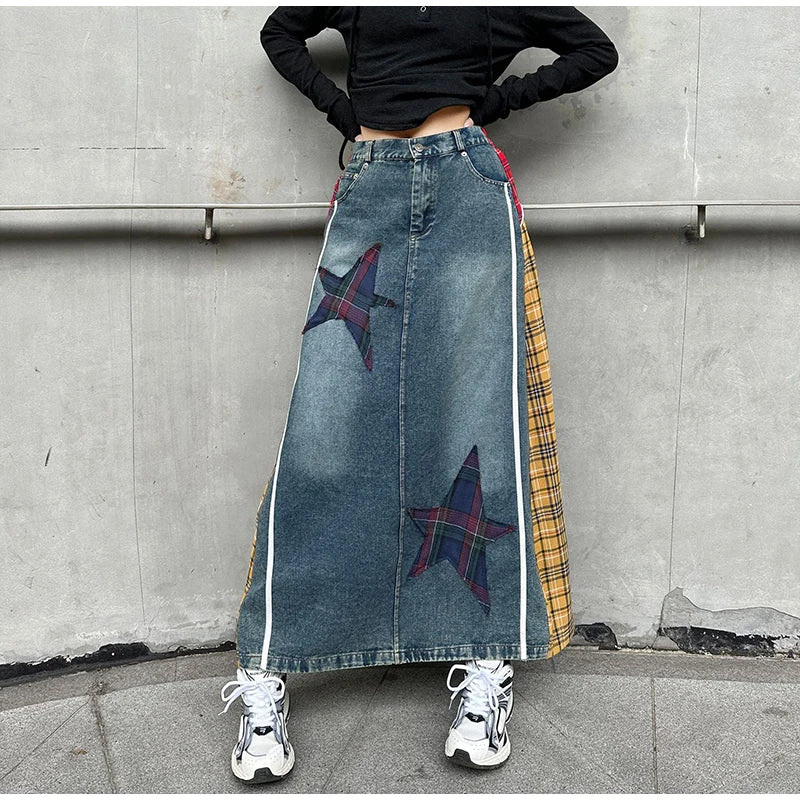 High Fashion Denim Skirt Women Elastic High Waist A-Line Long Skirt Female Colorful Patchwork Plaid Jean Skirt