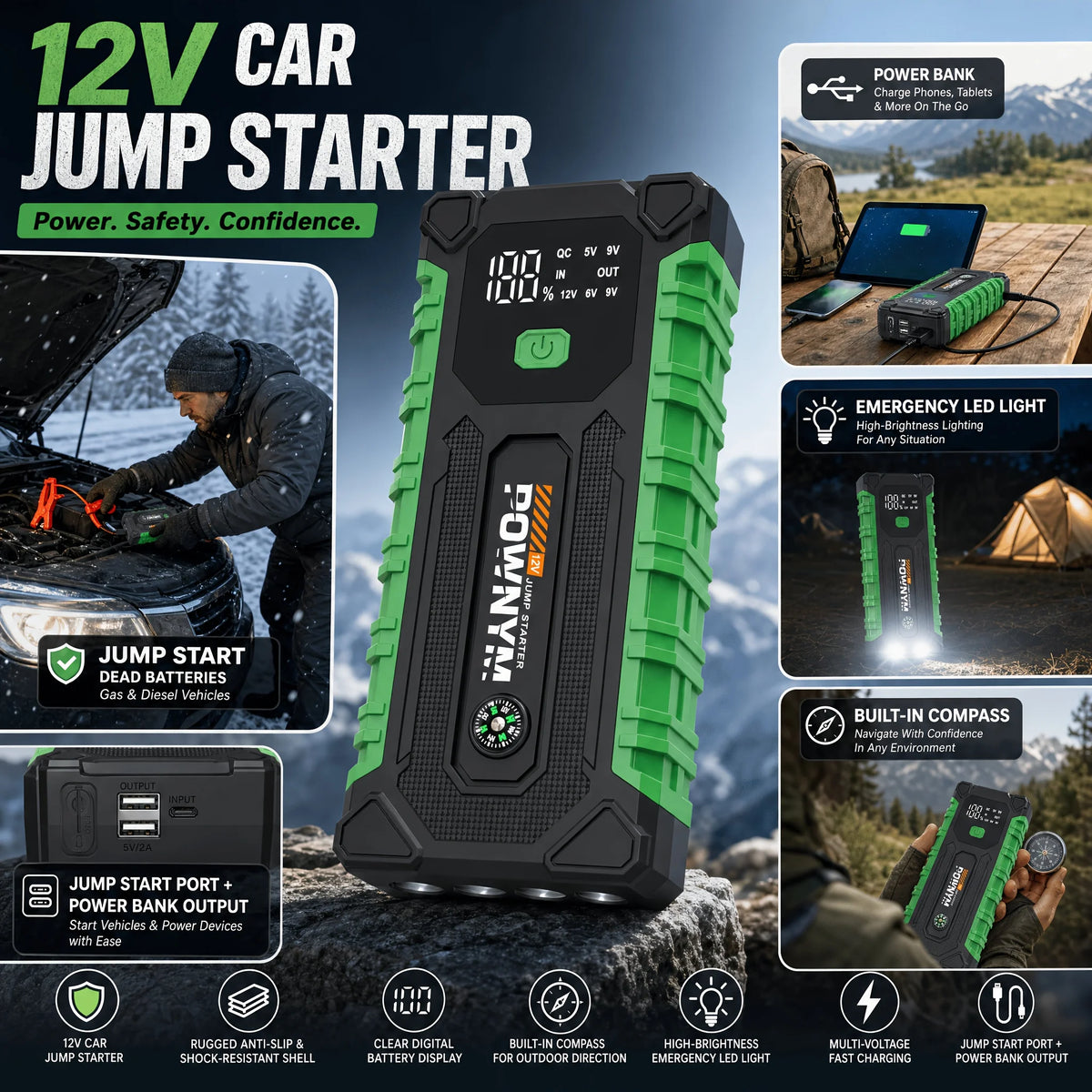 Car Jump Starter, 12V Auto Battery Booster,Portable Power Bank with Dual USB Ports, LED Emergency Light, Multi-Layer Safety Prot