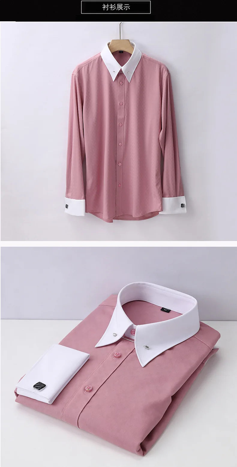 Embroidered French Cufflinks Men's Long-Sleeve Shirt with Collar Pins No tie Big Collar Dress Shirt for Business Formal Gentlema