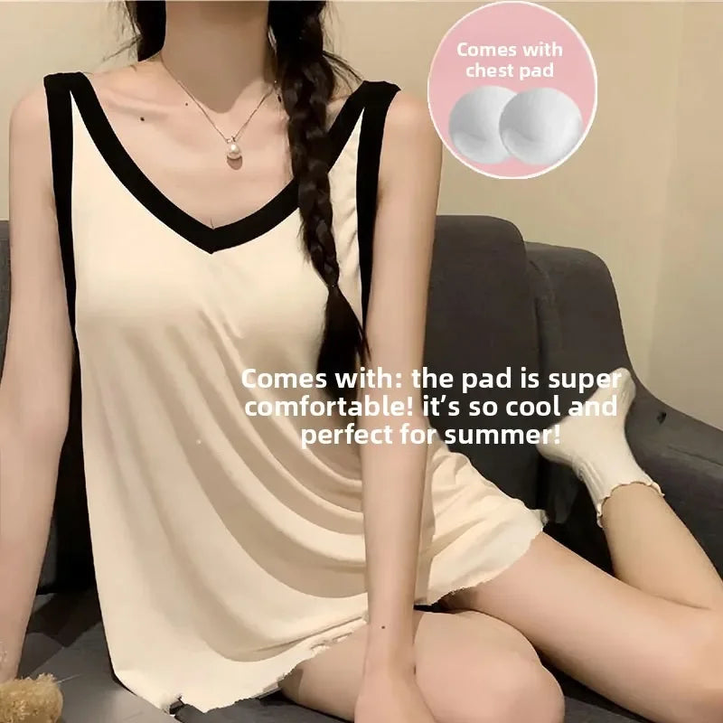 Women Sleeveless Summer Casual 2/pce Set Girls Spaghetti Strap Vest Shorts Outfit Lady Color Blocked Bra Pad Fashion Loungewear