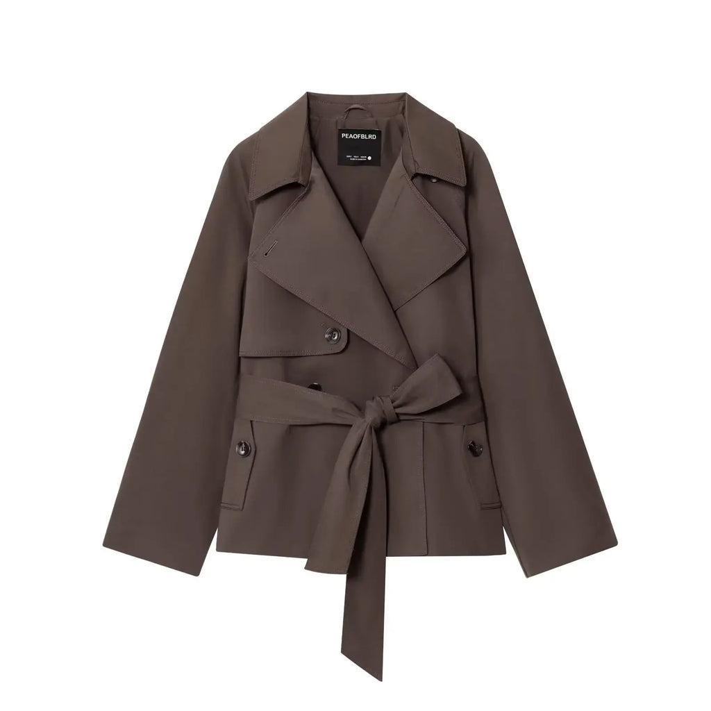 Women Lapel Lace Up Short Trench Coat Casual Full Sleeve Double Breasted Loose Cropped Windbreakers 2026 New Lady Commute Coats