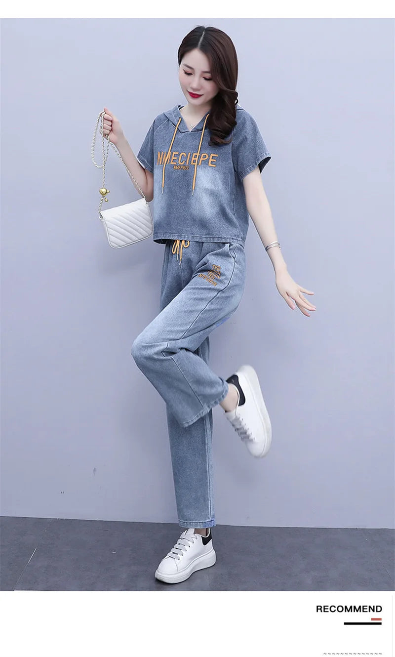 Summer Thin Jeans Set Women Fashion Short Sleeve Hooded Pullover Tops + Elastic Waist Wide Leg Pants 2PCS Female Denim Outfit