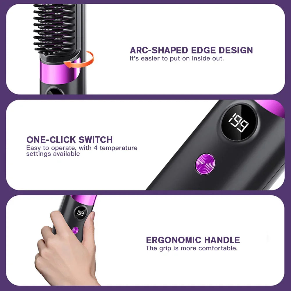 1Pc USB Charging Portable Hair Straightener Brush, Cordless Straightening Comb LED Display & Ceramic Coating, Ionic Technology