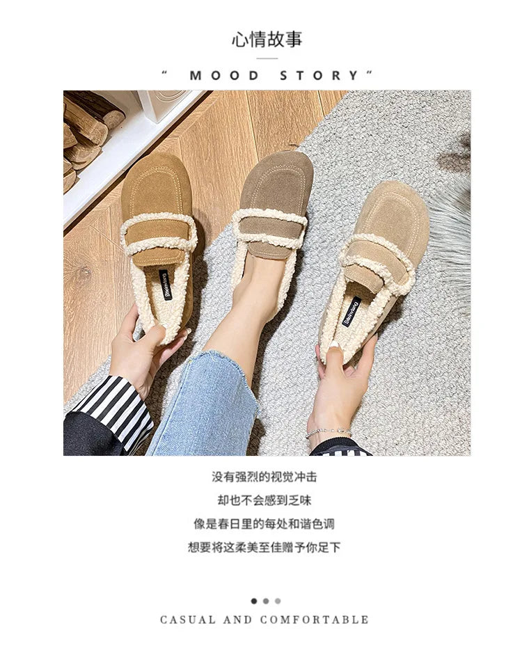 2026 Faux Suede Flats Women Lambswool Loafers Winter Warm Cotton Shoes Ladies Platform Fleeces Mocasines Female Sheep Fur Boots