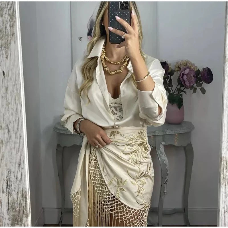 Vintage Embroidered Blouse Tie V Neck Cutout Patchwork Fringe Hem Puff Long Sleeve Tunic Cover Up Women's Relaxed Holiday Wear