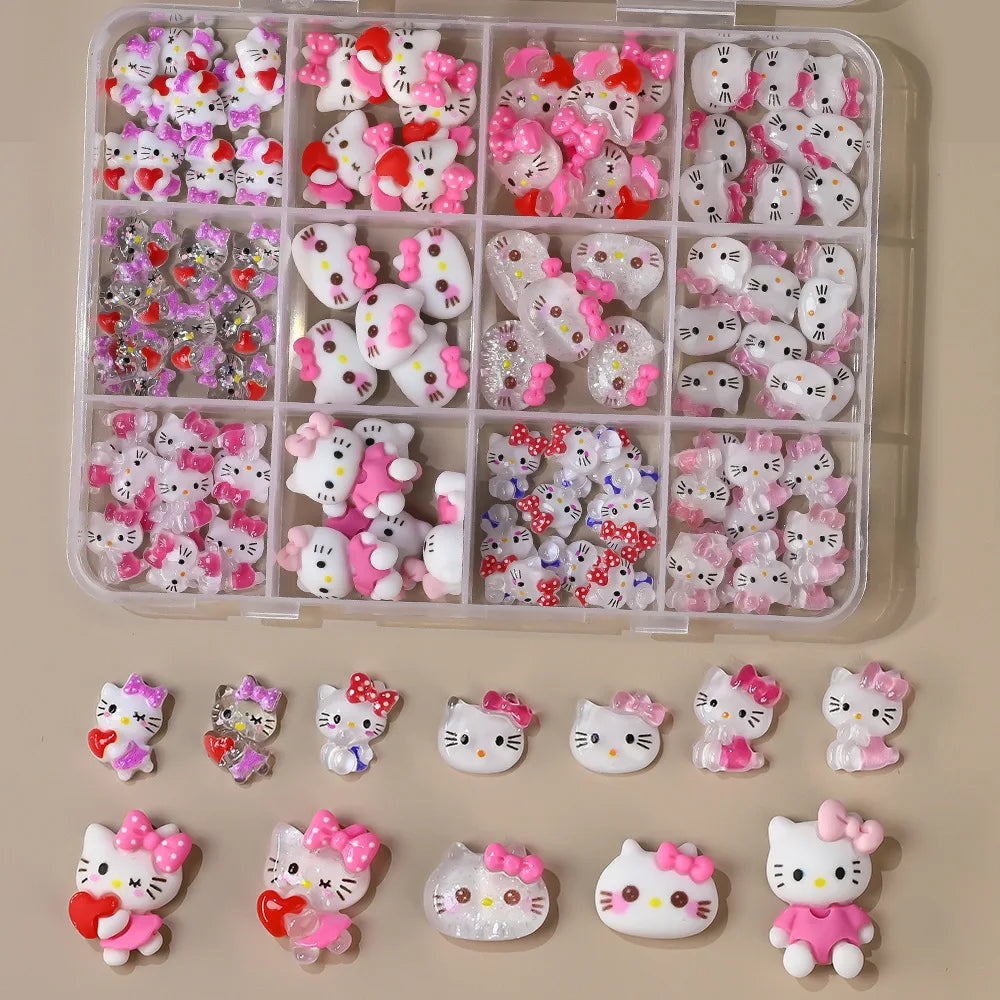 50Pcs Leopard Print Hello Kitty Nail Charms 3D Resin Cartoon Kitty Nail Parts DIY Manicure Decor Accessories