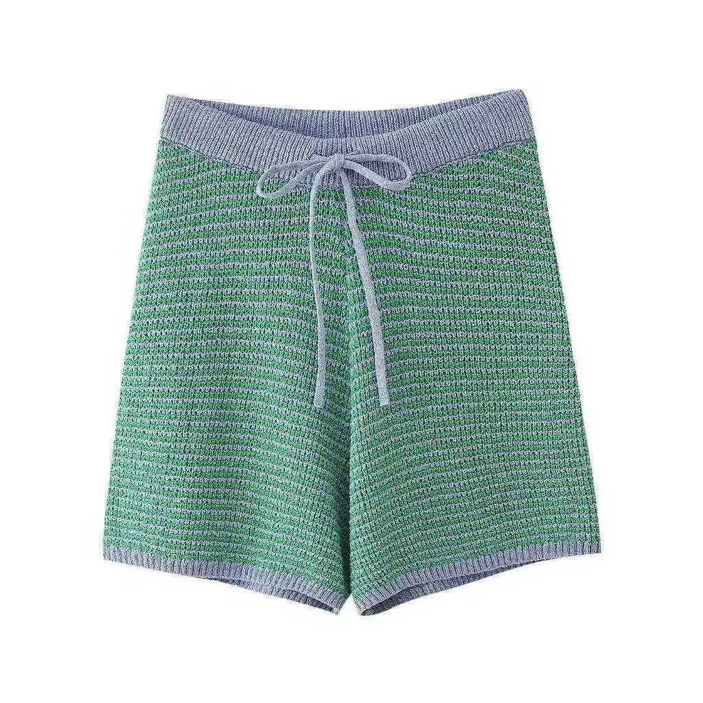 Holiday Retro Shorts Suit Summer New Women V Neck Knitted Tops Casual Lace Up Shorts Korean Fashion 2 Piece Sets Womens LLX6