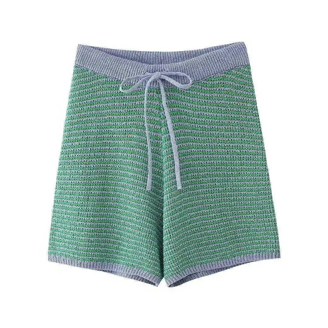 Holiday Retro Shorts Suit Summer New Women V Neck Knitted Tops Casual Lace Up Shorts Korean Fashion 2 Piece Sets Womens LLX6
