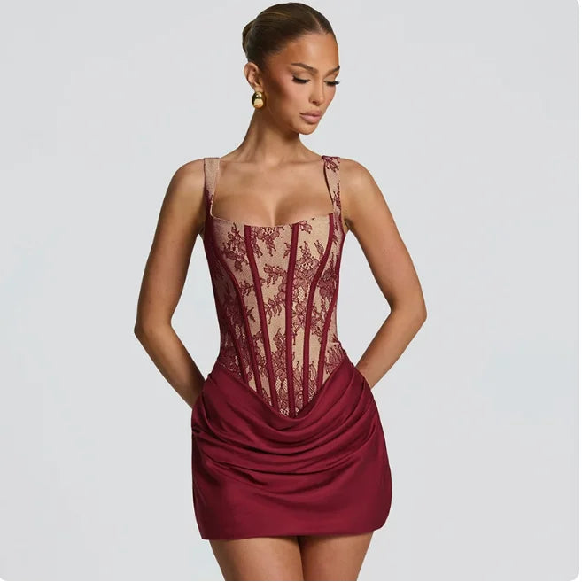 Lace Corset Mini Dress for Women Square Neck Wide Strap Ruched Satin Bodycon Short Club Party Cocktail Dress
