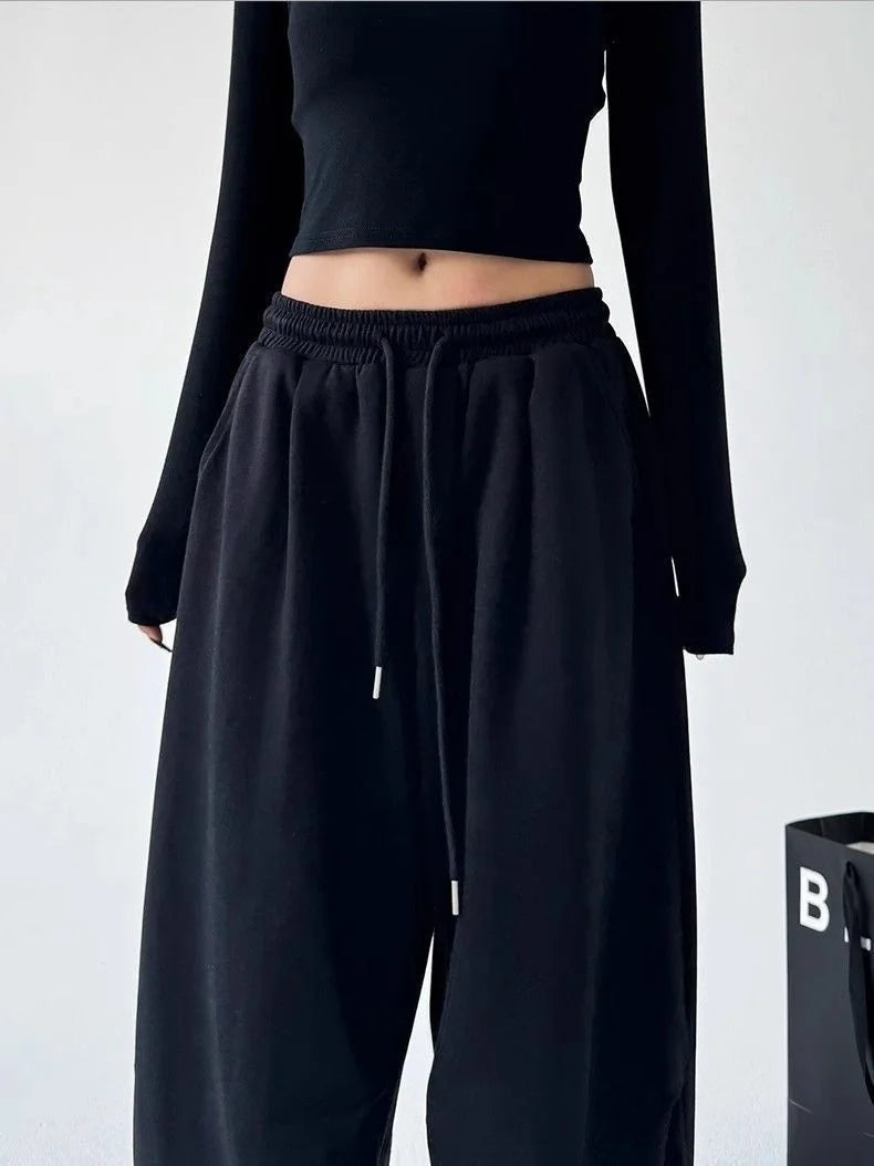 Women's Drawstring Wide Leg Sweatpants Elastic Loose Straight Leg Casual Jogger Trousers with Pockets for Daily Streetwear Pants