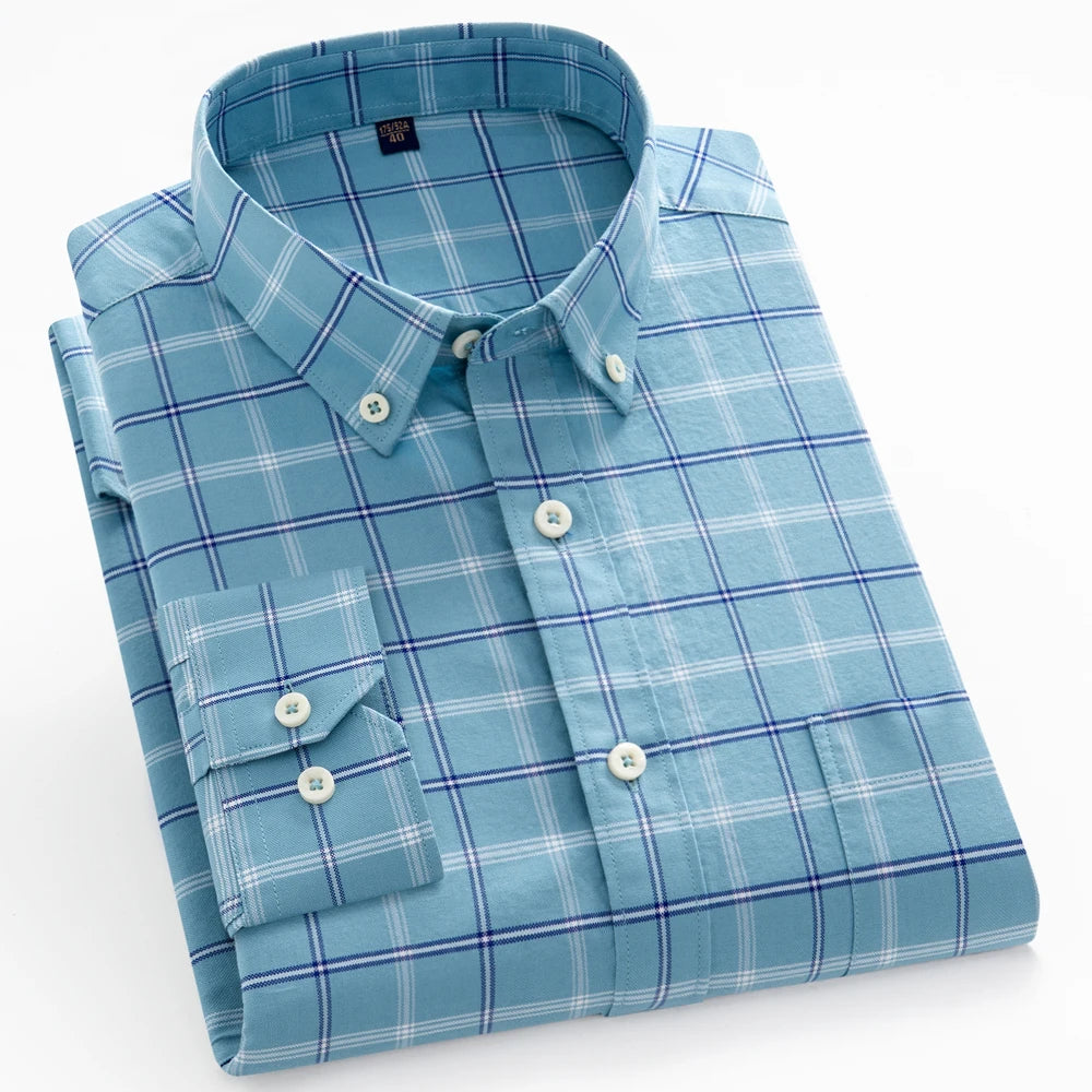 Men's 100% Cotton Breathable Oxford Fabric Dress Shirt, Plaid Striped Casual Long Sleeve, Button-Up with Collar and Chest Pocket