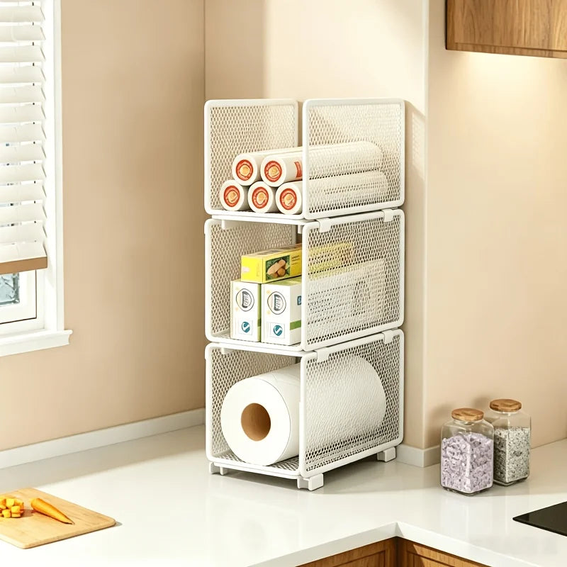 Stackable Kitchen Storage Baskets, Organizer for Kitchen Paper, Plastic Wrap, and Spice Jars, Household Cabinet Storage Racks