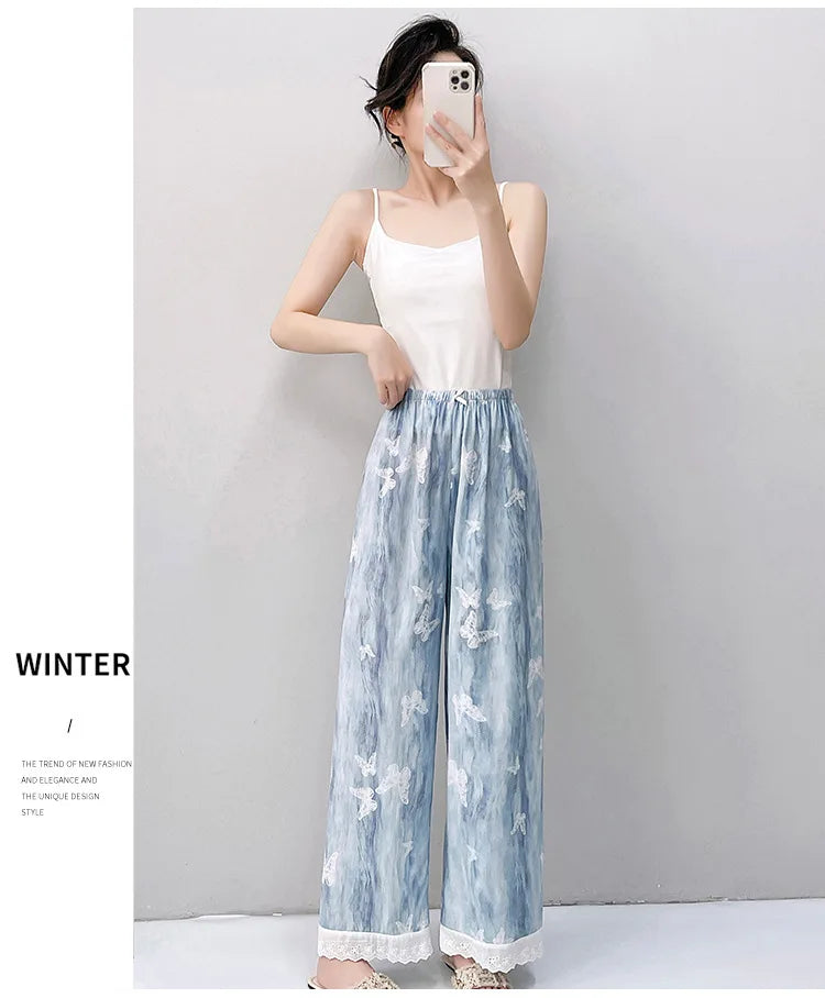 Women Viscose Casual Trousers With Lace Loose Pajamas Home Pants Thin Wide Leg Pants Fashion Oversized Sleep Bottom Korean Pants