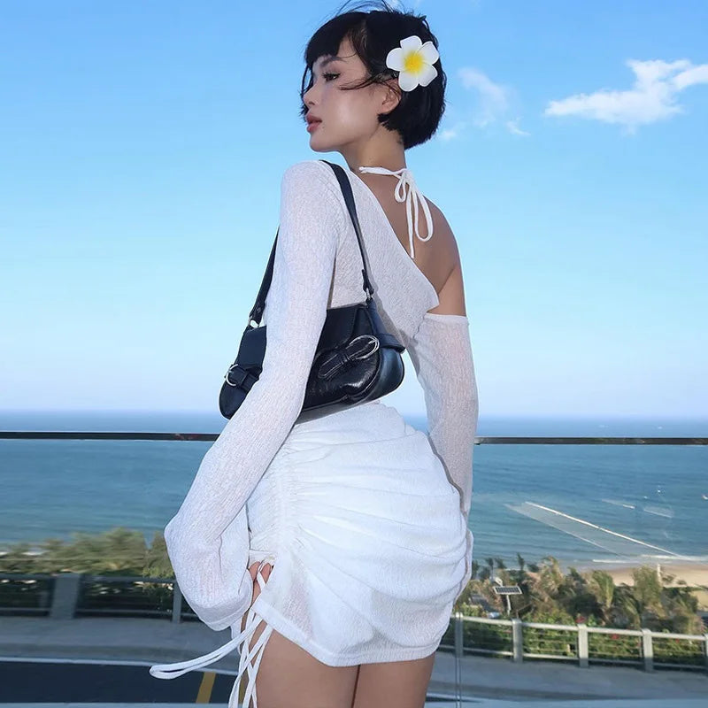 Women's Solid Skew Collar Ruched Straps Lace-Up See through Draw String Mini Dress Summer 2025 Party Clubwear