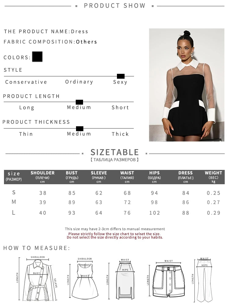 Sisterlinda Sexy Dress Women Fashion Mesh Patchwork Color Blocking Trend Turn Down Collar Full Sleeve Elegant Party Club Bodycon