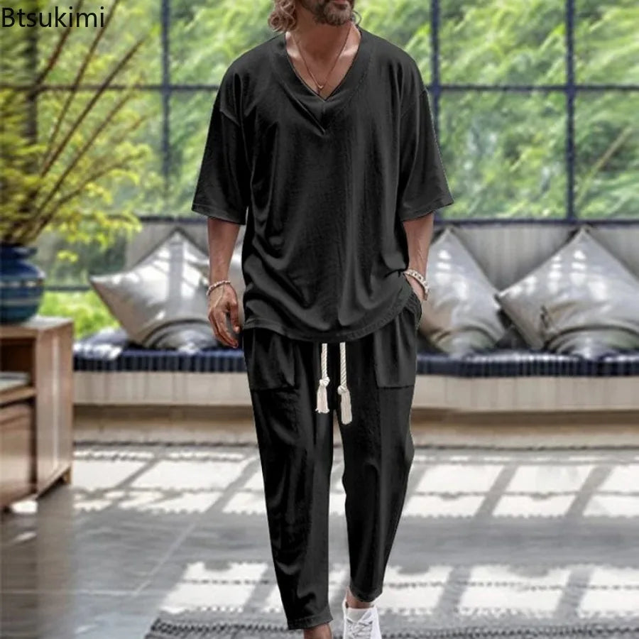 2026 Men Two Piece Sets Fashion Solid Tracksuits Summer Half Sleeve V-neck T-Shirt and Pants Loose Casual Outfit Male Streetwear