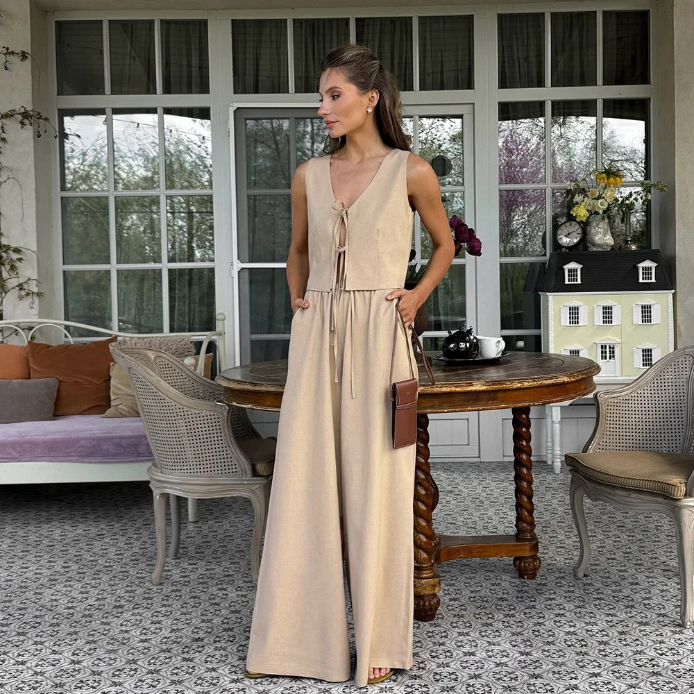 Women Spring Summer V Neck Tie Front Crop Vest High Waist Wide Leg Pants 2 Piece Set