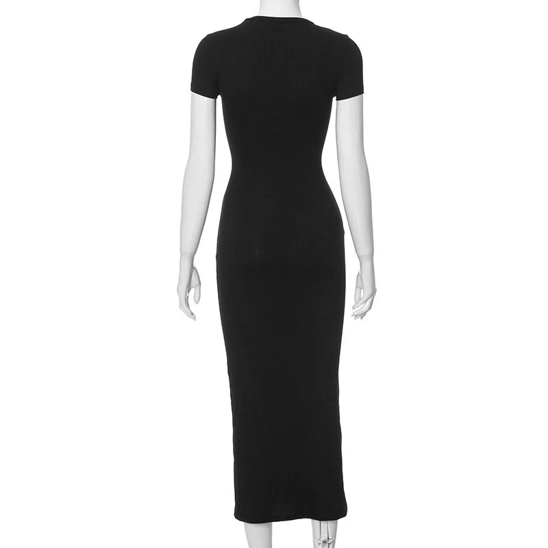 2025 Women Solid Color Slim Short Sleeve Casual Pullover Sumer Long Dress Skinny Sexy Daily Dress