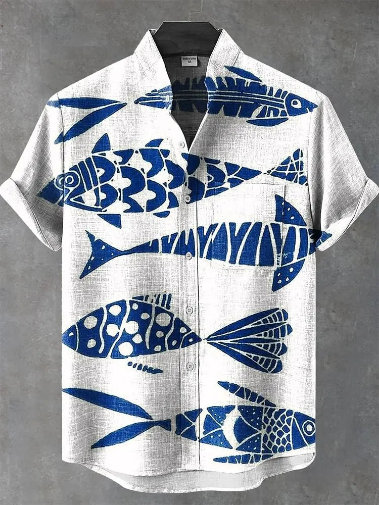 Men's Summer Casual Art Fish Pattern Printed Linen Short Sleeved Shirt, Comfortable And Fashionable Button Up Men's Top