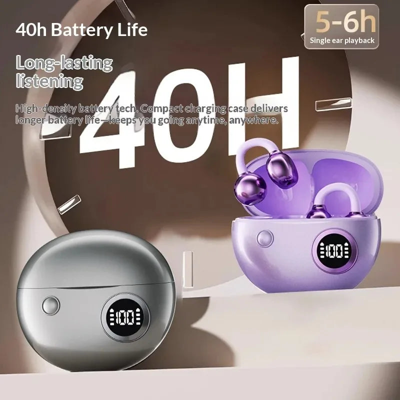 Clip-on Earphones Wireless Bluetooth Earbuds Hi-Fi Sound Super Long Battery Life Digital Display Noise Reduction Secure Fit