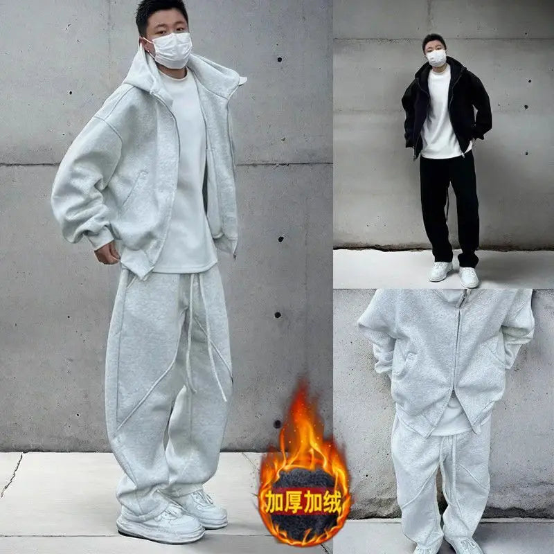Casual Sports Suit Men's Velvet Thickened Loose Hooded Jacket Sweatshirt Sweatpants Two-piece Set