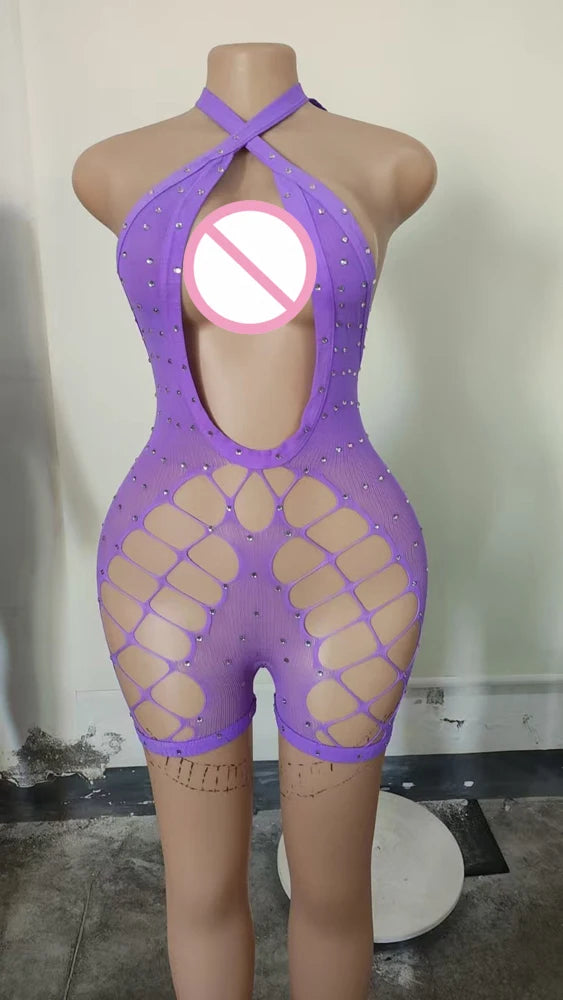 Sexy Designer Stripper Outfits Hollow-Out Rhinestone Halter Romper Women Playsuit Dancewear Ballrooms Performance Wear Jumpsuit