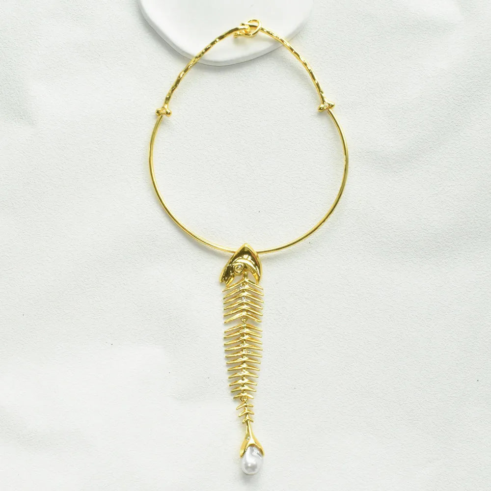 Novelty Design Alloy Big Fish Bone Pendant Choker Necklace For Women Fashion Jewelry Exaggerated Brand Show Statement Necklace