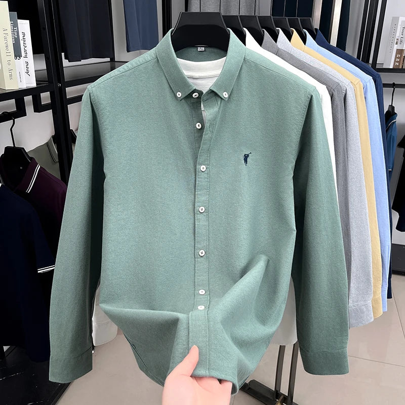 High End 100% Pure Cotton Long Sleeved Men's 2026 Spring Fashion Solid Color Business Casual Small Horse Logo Shirt