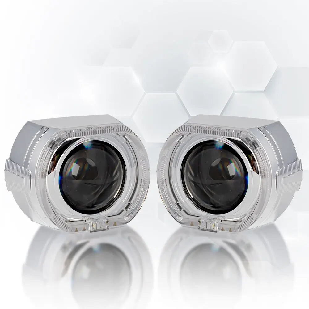 2.5 Inch Mini Bi Xenon Hid Projector Lens DRL LED White Angel Eyes Silver Shrouds Fit H4 H7 Retrofit Car Assembly Kit Demon Eyes