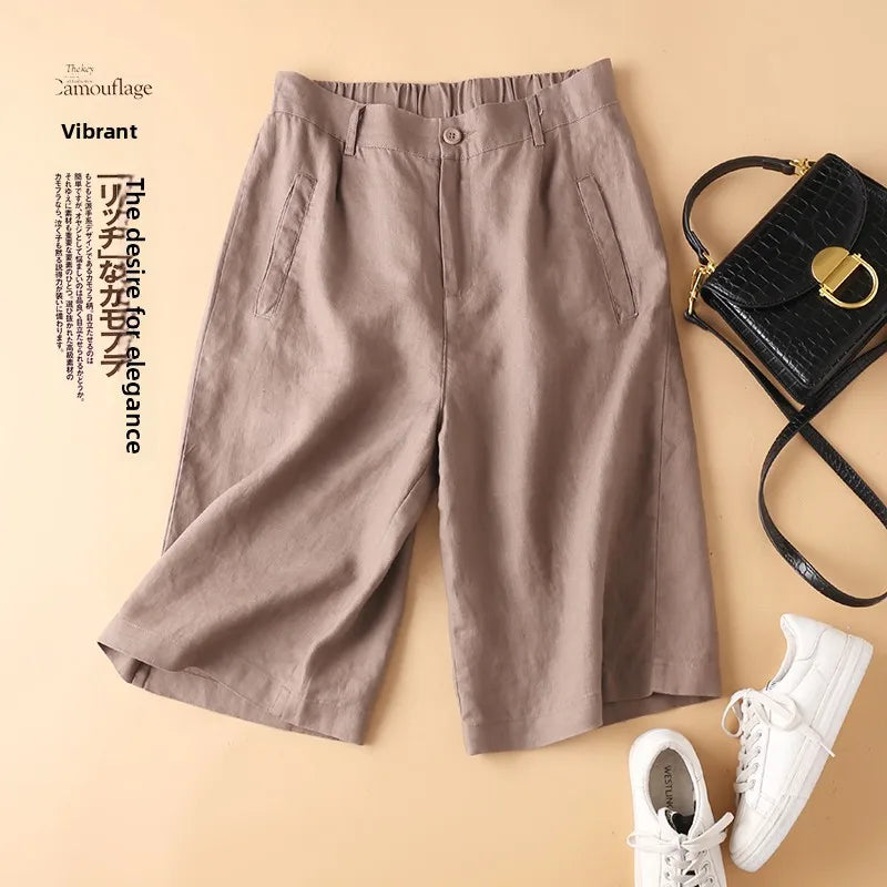 Casual Linen Wide Leg Short Pants Women Summer Loose Fit Thin Cotton Linen Five-Point Pure Color Versatile High Waist Shorts