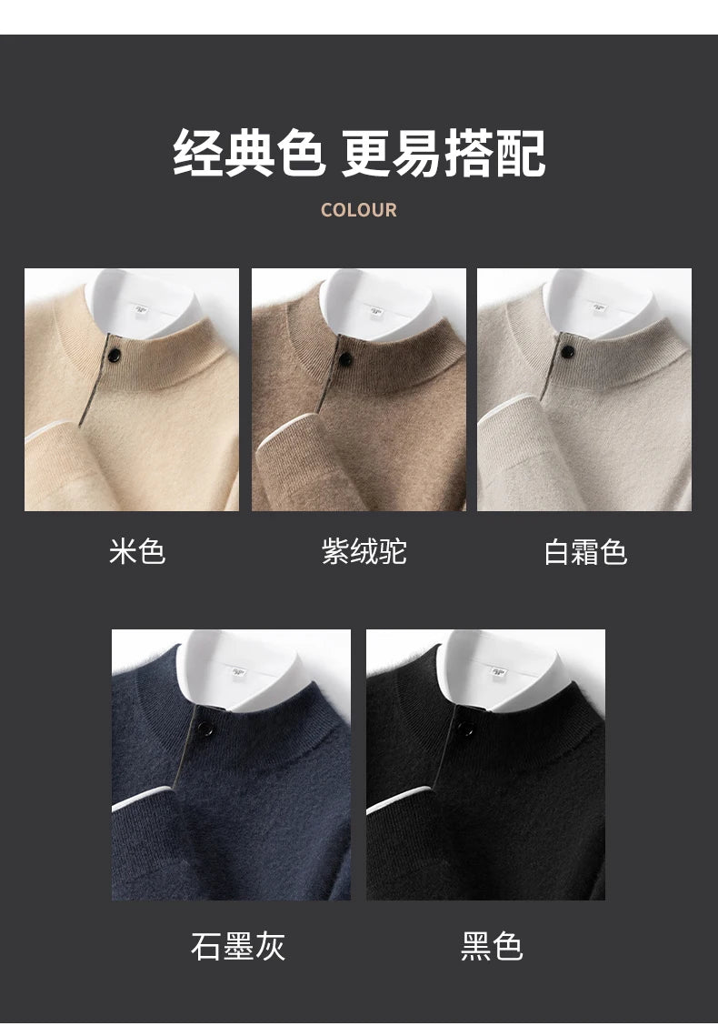 Autumn Winter New Men's Half High Collar Pullover 100% Cashmere Knitted Sweater Casual Business Solid Color Long Sleeve Clothing