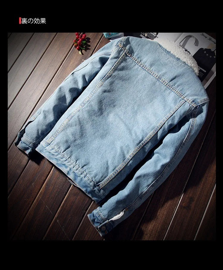 Autumn Winter Fleece Denim Jacket Men's Slim Thick Sherpa Casual Outerwear
