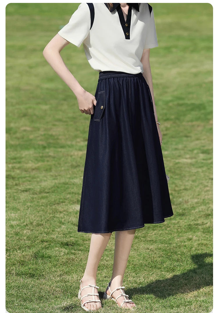 I BELIEVE YOU Dark Blue Denim Midi Skirt for Women 2026 Spring Elastic Waist Skirts Casual A-Line Skirt with Pockets 2261026207