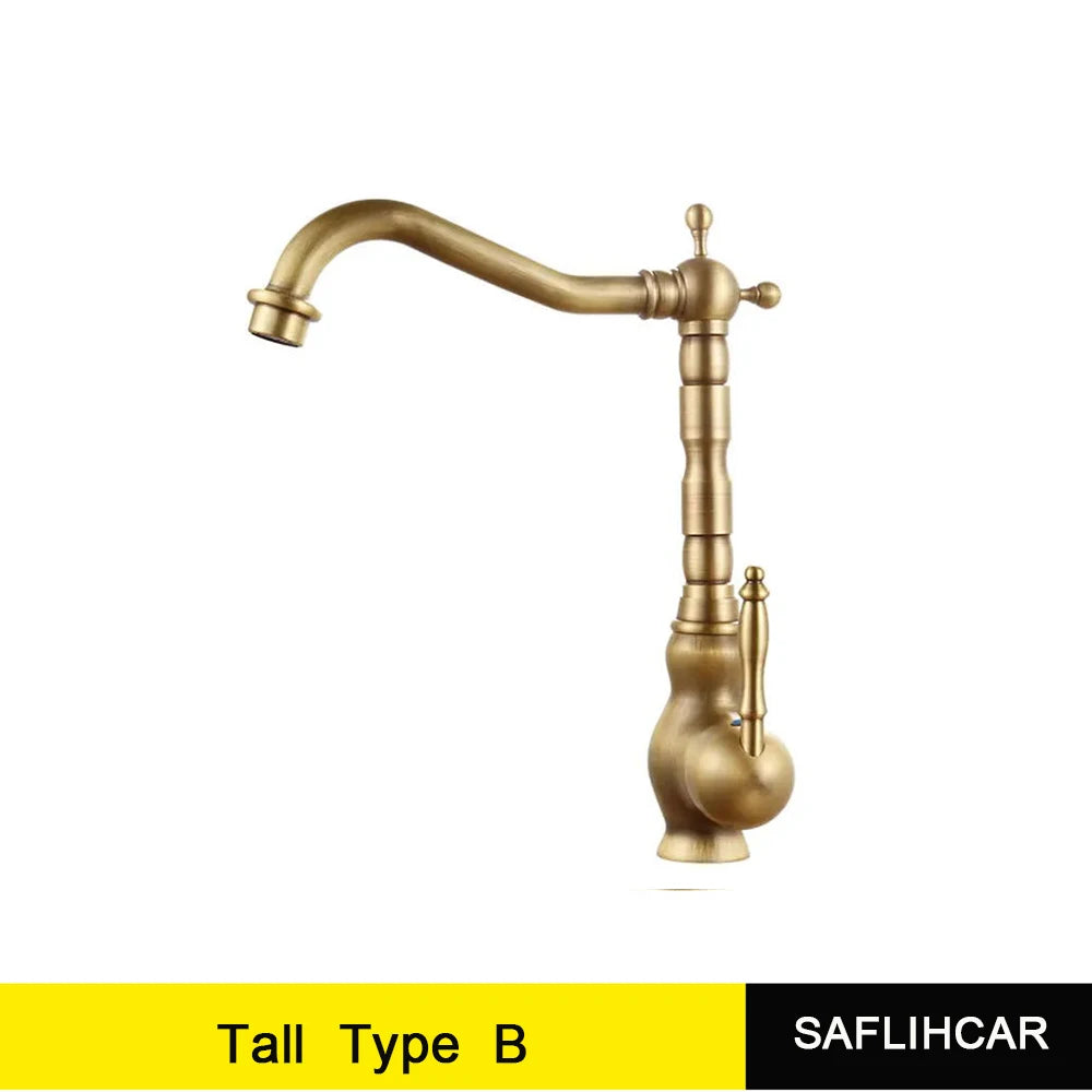 Antique Brass Bathroom Faucet Hot & Cold Mixer Tap Single Hole Single Lever Rotatable Ceramic Handle for Kitchen