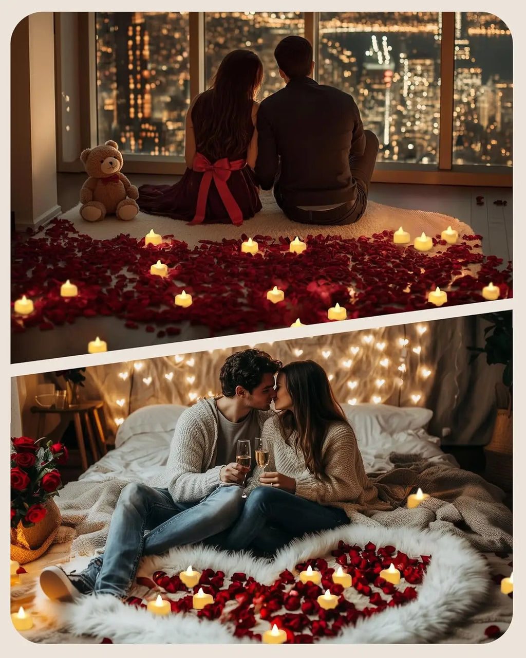 1000 Artificial Rose Petals with 12 Heart LED Tea Lights Set for Romantic Decor, Wedding, Valentine's Day