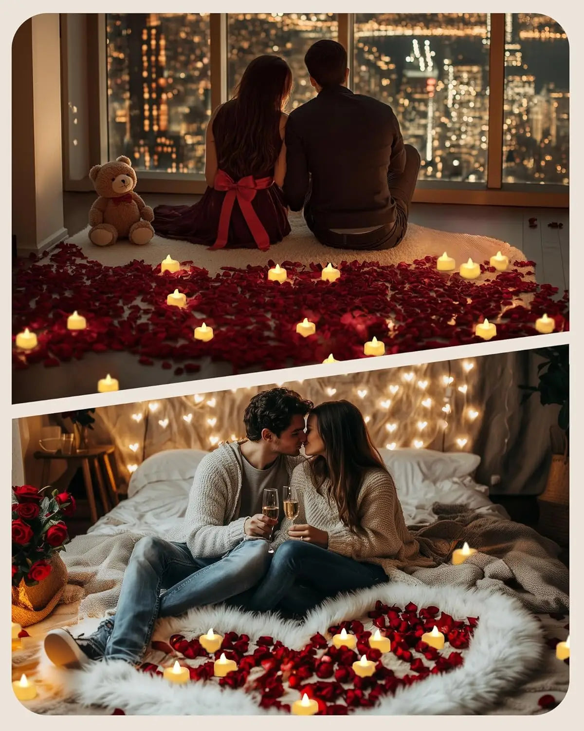 1000 Artificial Rose Petals with 12 Heart LED Tea Lights Set for Romantic Decor, Wedding, Valentine's Day