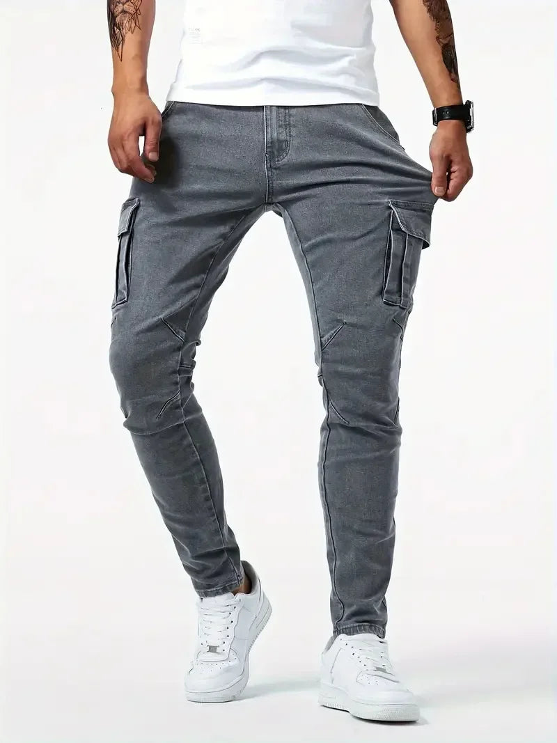 Street Elastic Jeans Men Denim Cargo Pants Wash Solid Color Multi Pockets Casual Mid Waist Trousers Slim Fit Daily Wear Joggers