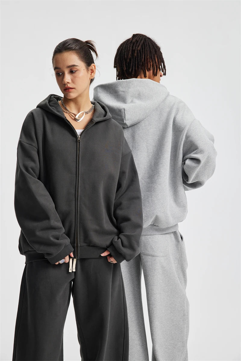 ZODF Trendy Winter Man Warm 430gsm Fleece Zipper Hoodies Unisex Solid Loose Zip-Up Hooded Coats Brand Outfit HY1130