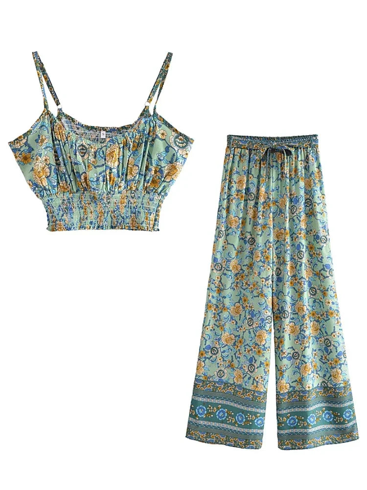 Vintage Chic  Women Floral Print Outfits Strap Sleeveless Tops Bohemian Suits Drawstring Pants 2 Pieces Rayon Cotton Boho Sets