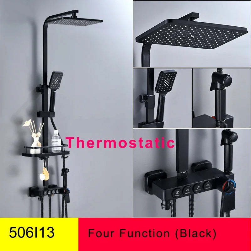 Hot Cold Bathroom Shower Set 12 Inch Rain Shower Head Quality Brass Bathroom Mixer Faucet Black Gold Thermostatic Shower System