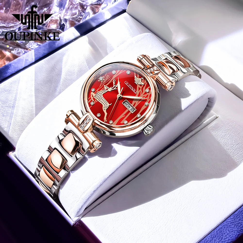 OUPINKE 3180 Women Mechanical Watch Rose Gold Luxury Elegant Diamond Watch Brand Original Dress Bracelet Women Watch Gift Box