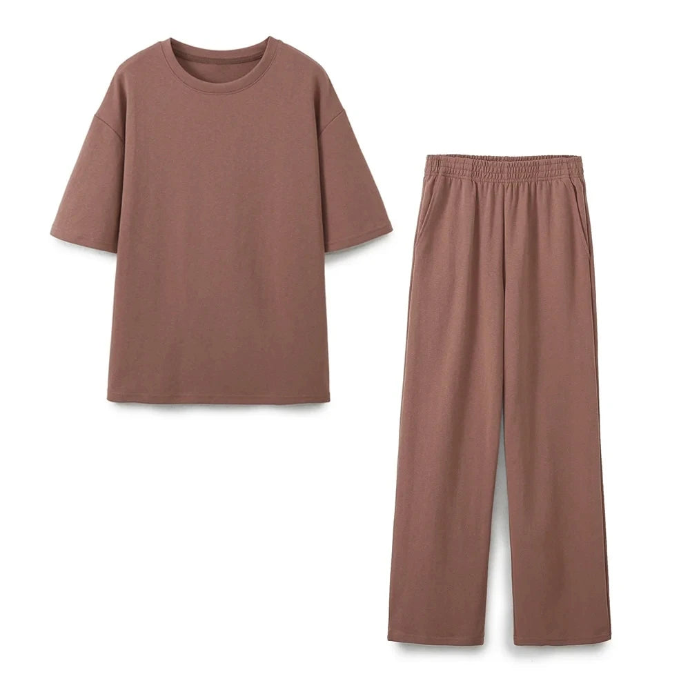 HH Women Vintage Solid Shirts Pant Sets O Neck Short Sleeve Shirts Top + Elastic Waist Loose Trousers Spring Commuting Suit